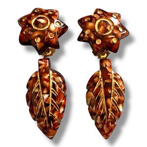 Vtg Marc Labat Clip Earrings Designer Signed Brown Gold Dangles Leaves Flowers